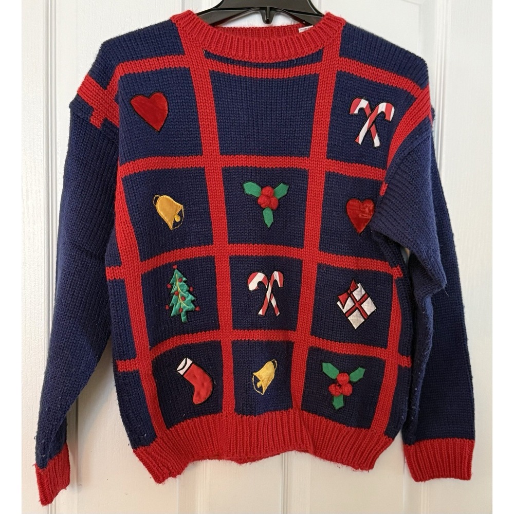VTG Karen Scott Holiday Ugly Sweater Tic Tac Toe‎ Blue Red Women Petite Medium